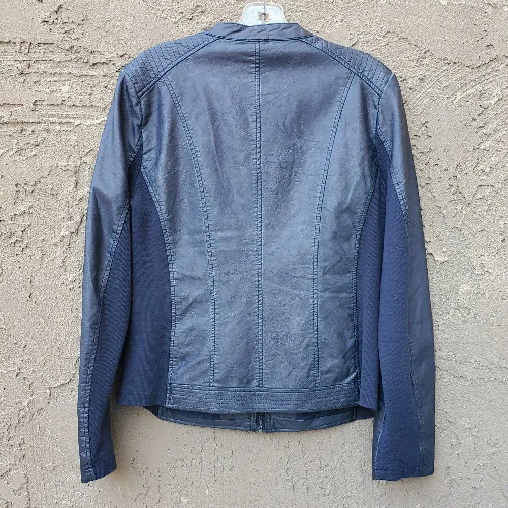 Sebby Collection blue faux leather moto jacket - Picture 2 of 16